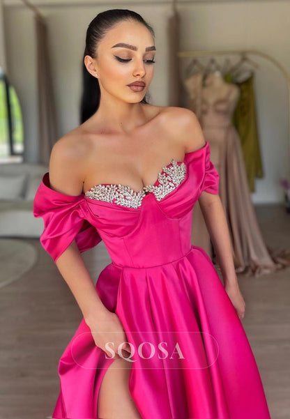 A line Off Shoulder Beads Satin Long Prom Formal Dress with Slit