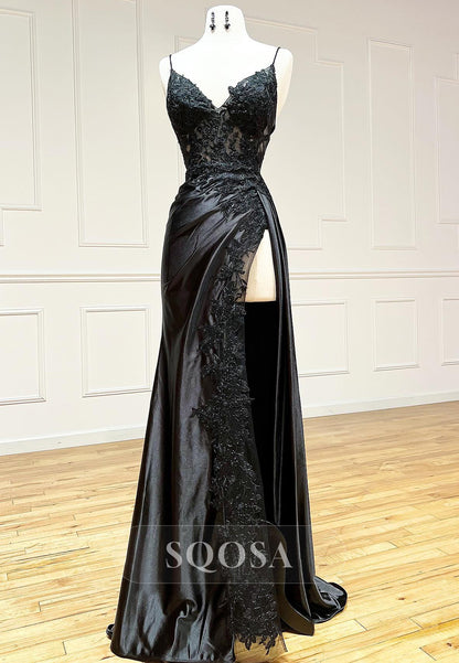 Spaghetti Straps Lace Appliques Side Slit Black Long Prom Dress