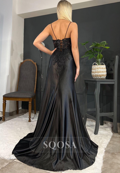 Spaghetti Straps Lace Appliques Side Slit Black Long Prom Dress