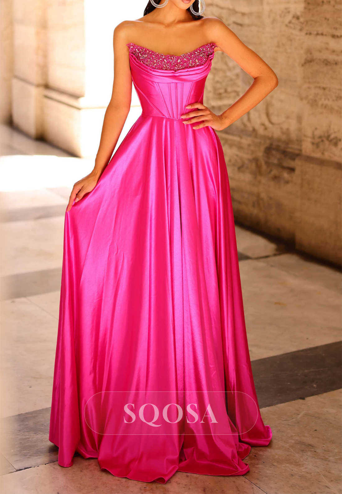 A-Line Bateau Strapless Beaded Party Prom Evening Dress QP3553