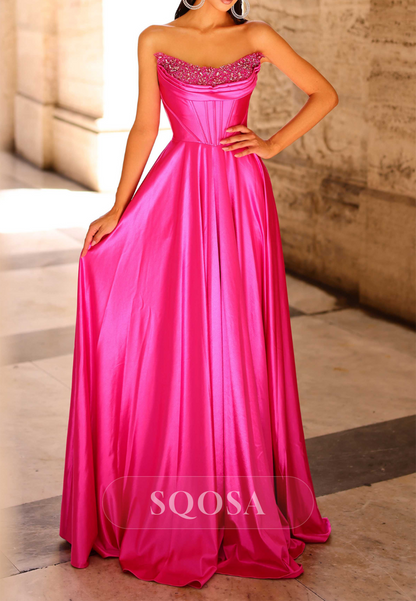 A-Line Bateau Strapless Beaded Party Prom Evening Dress QP3553