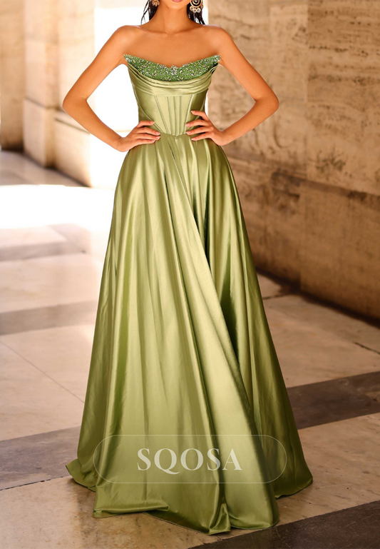 A-Line Bateau Strapless Beaded Party Prom Evening Dress QP3553