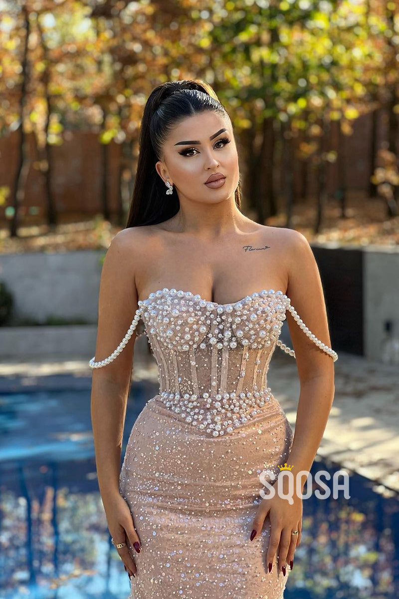 Elegant & Luxurious Pearls Straps Beaded Long Prom Dress Evening Gowns QP3168 US4 / As Pic Elegant & Luxurious Pearls Straps Beaded Long Prom Dress Evening Gowns QP3168 US4 / As Pic