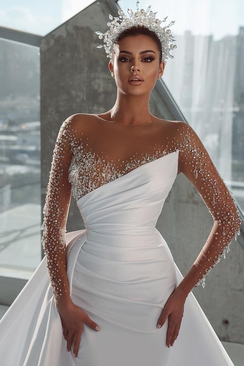 Illusion Neckline Luxury Beads Long Sleeves Wedding Dress QW0926 US4 / Custom Color Illusion Neckline Luxury Beads Long Sleeves Wedding Dress QW0926 US4 / Custom Color