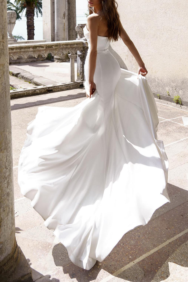 Mermaid/Trumpet Wedding Dress Illusion Neckline Beads Satin Pleats Bridal Gowns QW2660 US16 / White Mermaid/Trumpet Wedding Dress Illusion Neckline Beads Satin Pleats Bridal Gowns QW2660 US16 / White