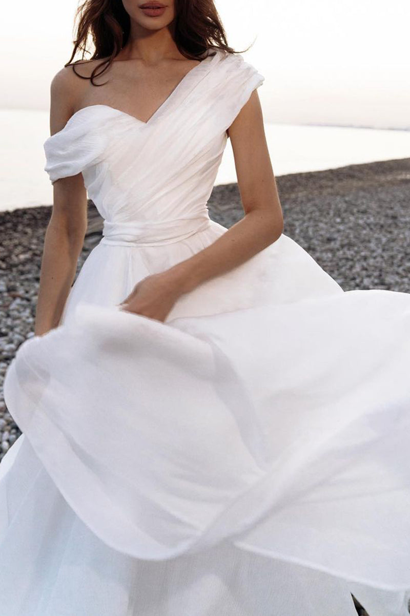 A Line One Shoulder Organza Pleats Hall Casual White Wedding Dress QW2662 US14 / Ivory A Line One Shoulder Organza Pleats Hall Casual White Wedding Dress QW2662 US14 / Ivory