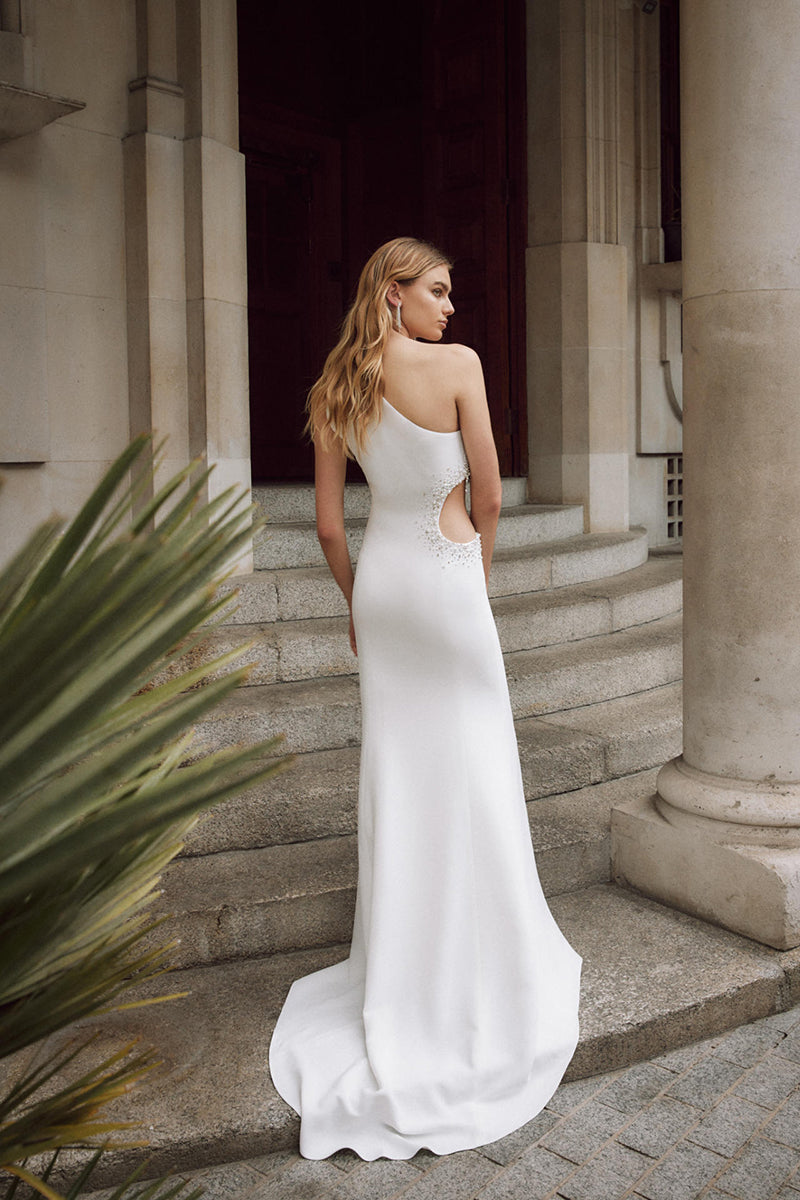 Unique One Shoulder Sati Beads Sheath Boho Wedding Dress Ivory Bridal Gown QW2356 US8 / Ivory Unique One Shoulder Sati Beads Sheath Boho Wedding Dress Ivory Bridal Gown QW2356 US8 / Ivory