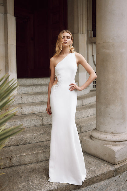 Unique One Shoulder Sati Beads Sheath Boho Wedding Dress Ivory Bridal Gown QW2356 Unique One Shoulder Sati Beads Sheath Boho Wedding Dress Ivory Bridal Gown QW2356