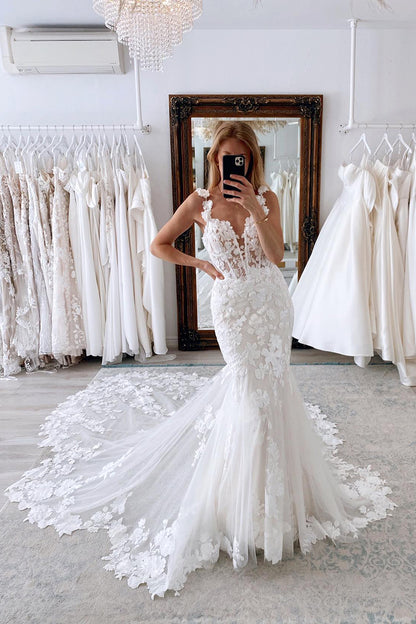 Plunging Illusion V Neck 3D Lace Mermaid Wedding Dress QW2154 US16 / White Plunging Illusion V Neck 3D Lace Mermaid Wedding Dress QW2154 US16 / White