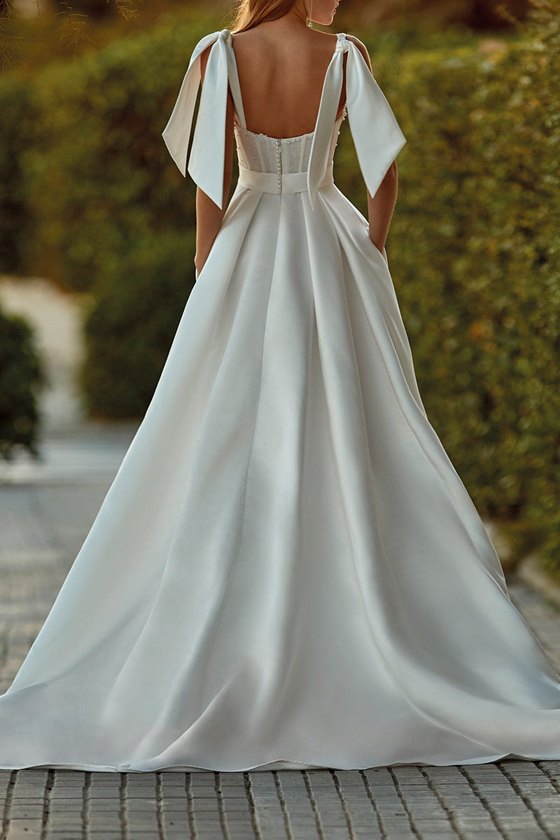 a line satin wedding dress with pockets A-line High Neck Satin Lace Wedding Dress with Pockets