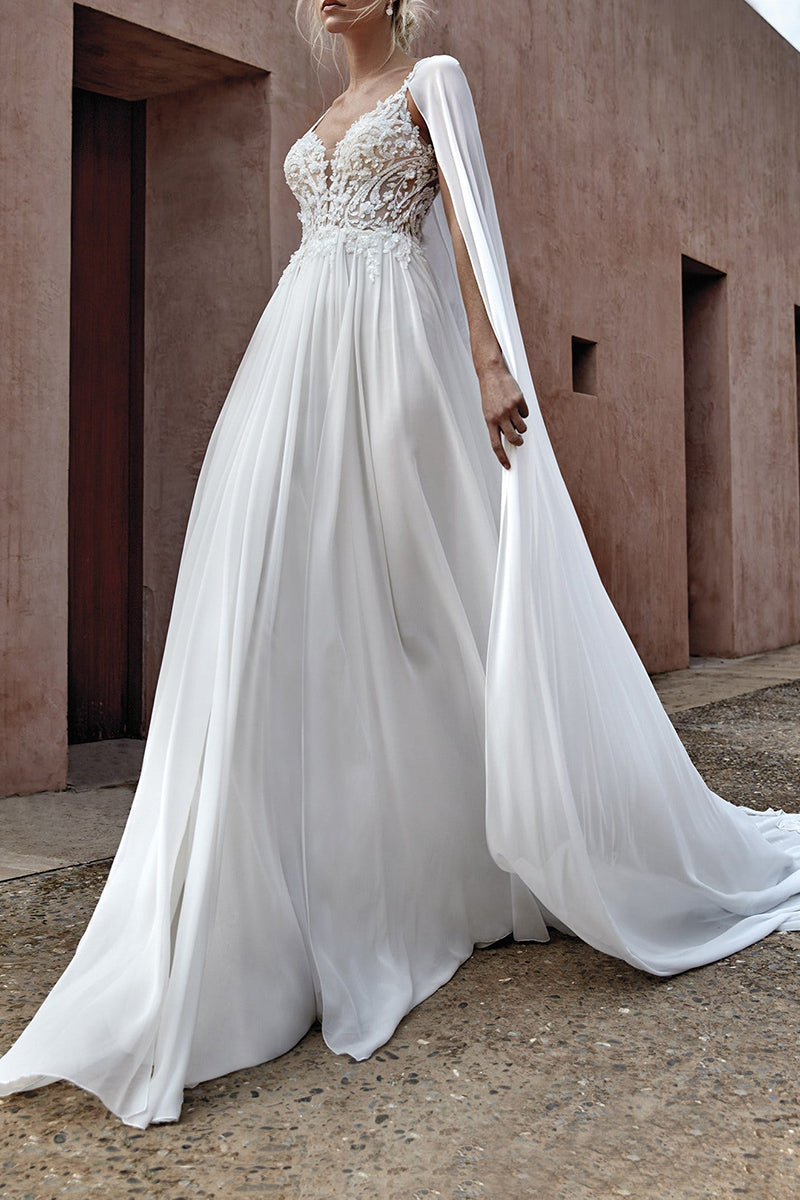A line Illusion V neck Lace Appliques Boho Wedding Dress with Shawl QW – SQOSA