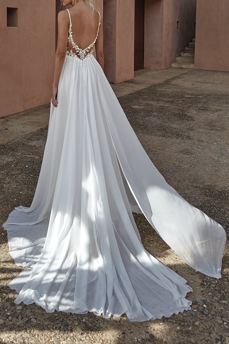 A line Illusion V neck Lace Appliques Boho Wedding Dress with Shawl QW2139 Custom Size / Custom Color A line Illusion V neck Lace Appliques Boho Wedding Dress with Shawl QW2139 Custom Size / Custom Color
