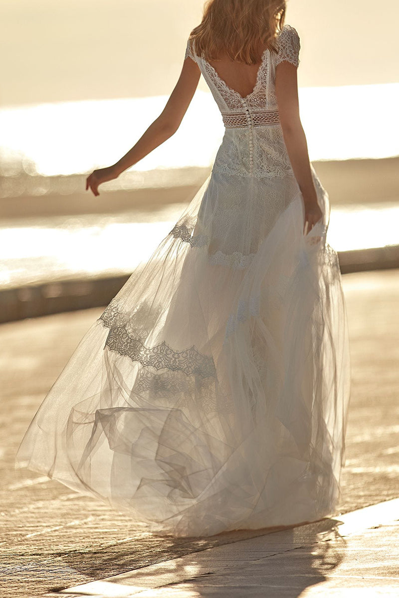 Boho Wedding Dress Tulle Lace A-Line With Train Natural Waist Wedding Dress Functional Buttons Short Sleeves V-Neck Ivory Boho Wedding Dress Tulle Lace A-Line With Train Natural Waist Wedding Dress Functional Buttons Short Sleeves V-Neck Ivory