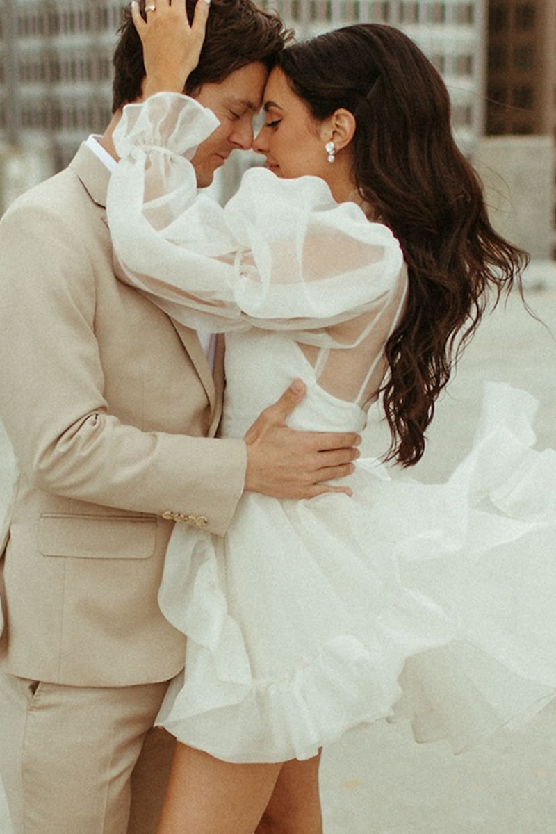 Bridal Shower Little White Dresses Wedding Dresses A Line Long Sleeves Bridal Gowns QW2360 US10 / White Bridal Shower Little White Dresses Wedding Dresses A Line Long Sleeves Bridal Gowns QW2360 US10 / White