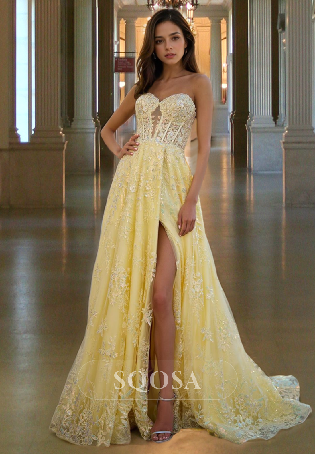 A-Line Sweetheart Sleeveless Lace Prom Dress Off-Shoulder Applique Slit with Train Party Gowns