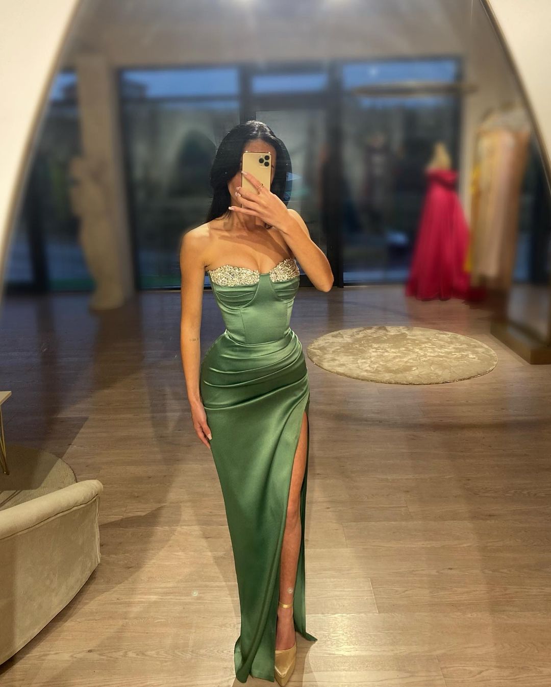Sheath/Column Strapless Beaded Green Long Sleeves Prom Dress with Slit QP0865 US10 / Custom Color Sheath/Column Strapless Beaded Green Long Sleeves Prom Dress with Slit QP0865 US10 / Custom Color