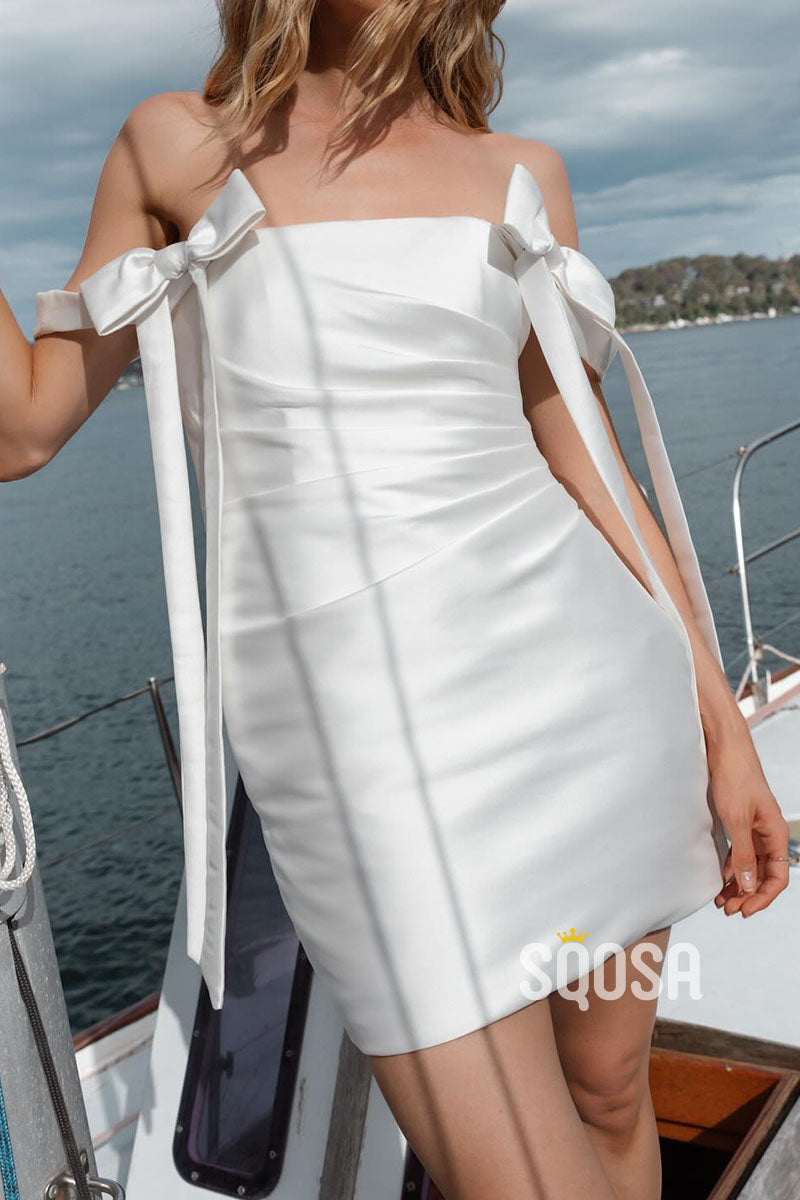 Sexy Satin Fitted Spaghetti Straps Bowknot Short Wedding Dress QW8197