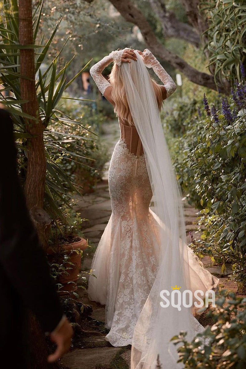 sheer boho wedding dress Boho Wedding Dress Feilen with Sleeves Nude / US 18