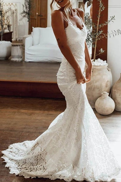 spaghetti strap boho lace wedding dress Ivory Boho Wedding Dress with Spaghetti Strap Plunge Neck Wedding Dress with Chiffon Skirt and Lace Plus Size