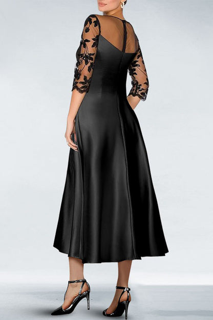 Chic Satin A-Line Round Half Sleeves Lace Applique Mother of the Bride Dress QM3392