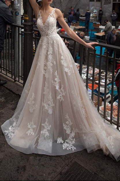 romantic princess wedding dress A Line V-Neck Lace Appliques Romantic Princess Wedding Dress QW2621 US8 / Ivory