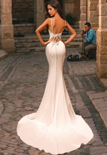 Couture Deep V-Neck Spaghetti Straps Sleeveless Mermaid Wedding Dress with Sweep Train