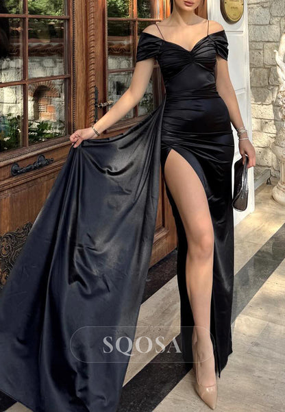 Satin Fitted Off-Shoulder Ruched With Side Slit Party Prom Evening Dress QP3542