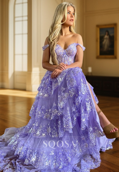 A line Off Shoulder Lace Tiered Prom Dress with Slit Long Homecoming Dress