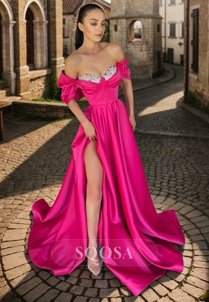 A line Off Shoulder Beads Satin Long Prom Formal Dress with Slit