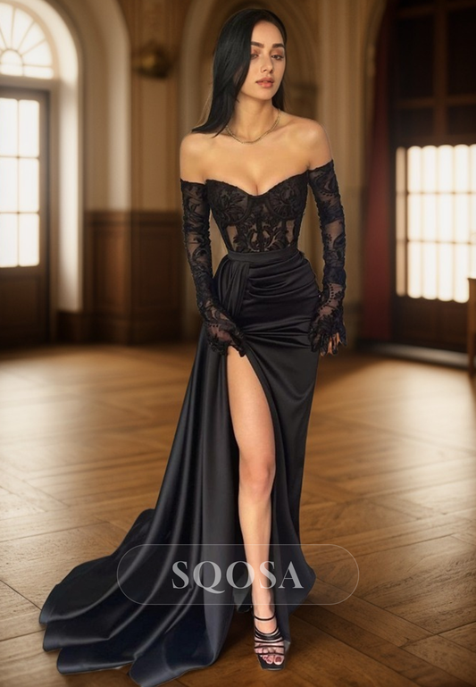 Sheath Sweetheart Satin Pleated Lace Appliques Black Log Prom Formal Dress