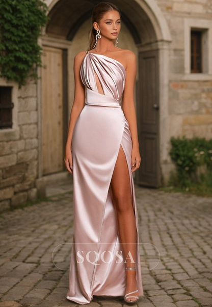 Unique One Shoulder Pleats High Split Long Prom Dress Pink Bridesmaid Dress