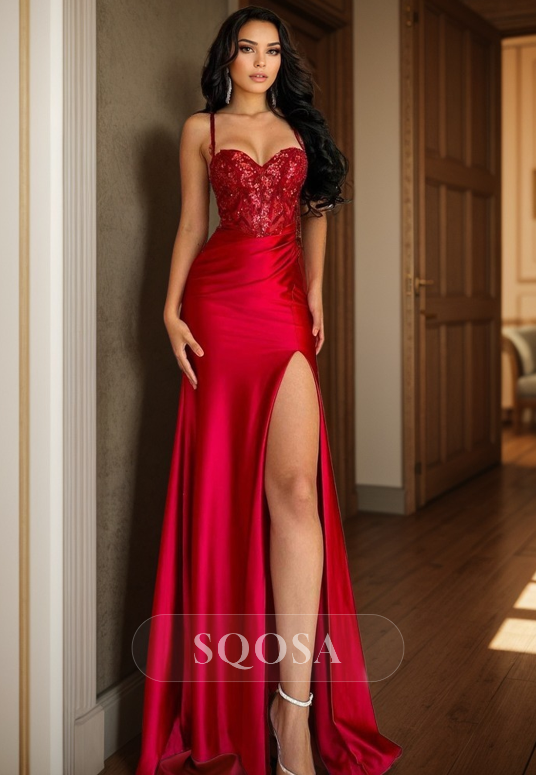 Spaghetti Straps Sweetheart Lace Appliques Red Mermaid Prom Party Dress with Slit