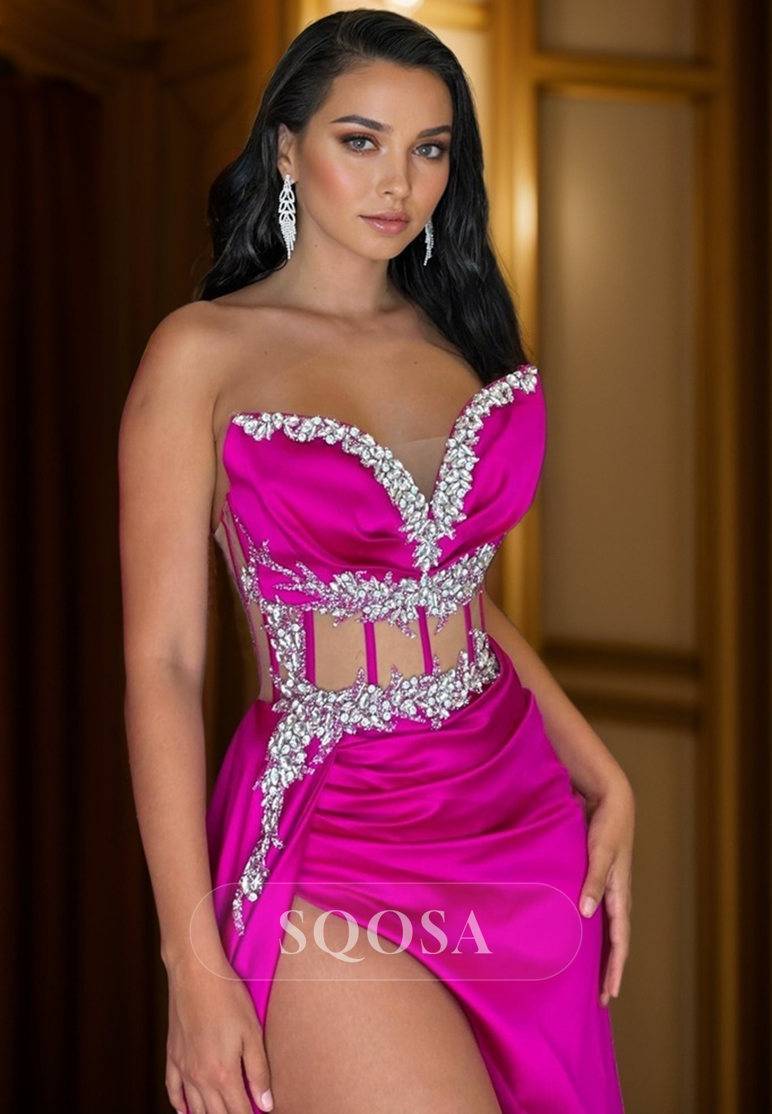 Chic SWeetheart Beaded Illusion Pleats Prom Dress Evening Gowns with S SQOSA Chic SWeetheart Beaded Illusion Pleats Prom Dress Evening Gowns with S SQOSA