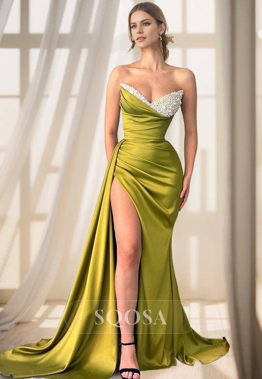 Sexy V-Neck Satin Pleated Beads Long Prom Formal Dress with Slit