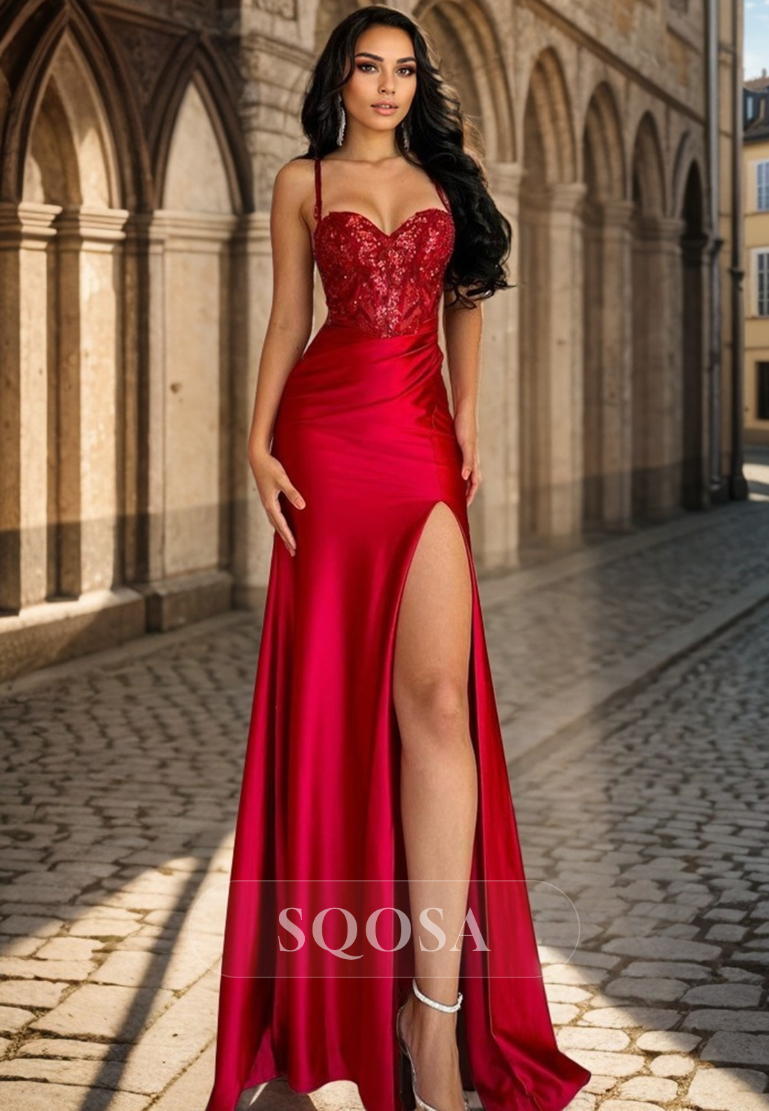 Spaghetti Straps Sweetheart Lace Appliques Red Mermaid Prom Party Dress with Slit