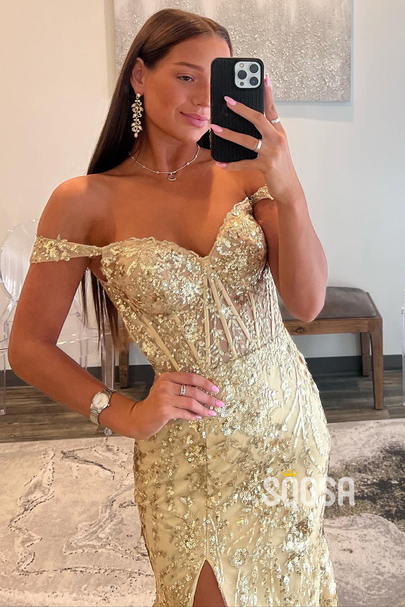 Off-Shoulder Sequin Illusion Gold Long Prom Dress With Slit Evening Gowns QP3185 Off-Shoulder Sequin Illusion Gold Long Prom Dress With Slit Evening Gowns QP3185