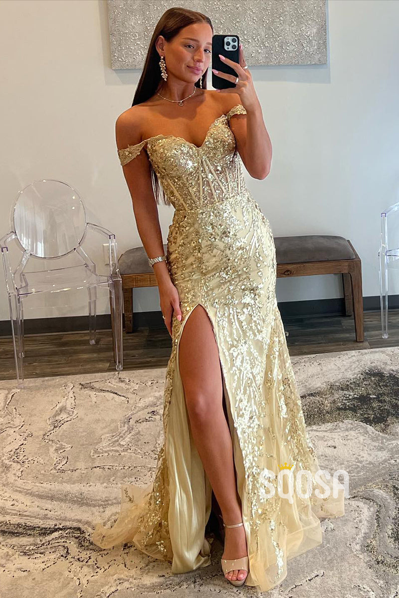 Off-Shoulder Sequin Illusion Gold Long Prom Dress With Slit