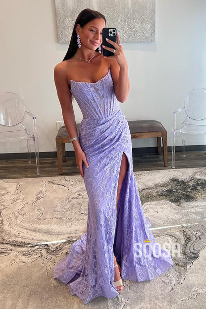 purple strapless prom dress Black Mermaid Dresses Corset Back Pageant Formal ARD2899 Lace Fabric Color Purple Sparkly Mermaid Prom Dress
