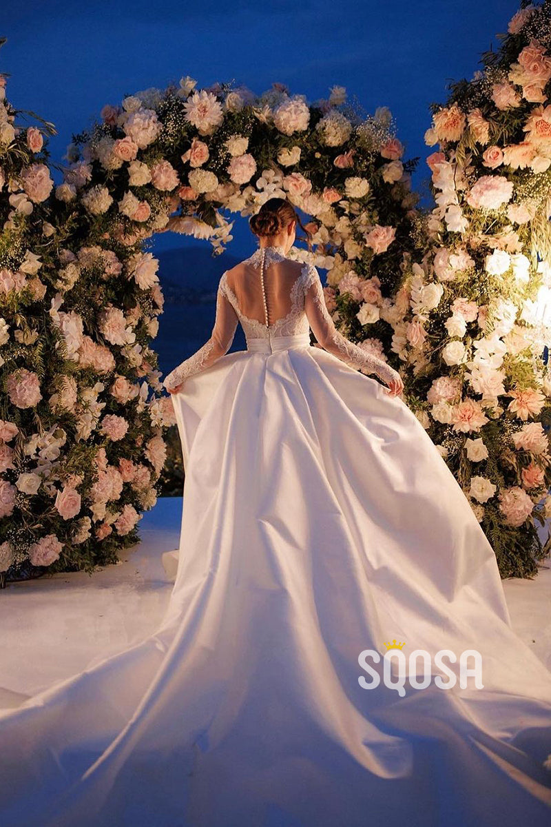 A-Line Applique Illusion Satin High Neck Waist Wedding Dress Bridal Gown QW8020 US2 / White & Ivory A-Line Applique Illusion Satin High Neck Waist Wedding Dress Bridal Gown QW8020 US2 / White & Ivory