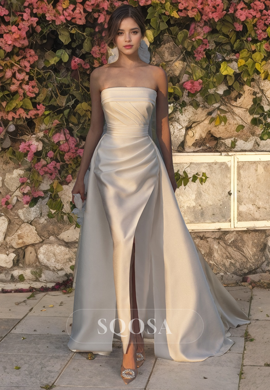 Simple A-Line Tube Top Strapless Sleeveless Pleated Satin Wedding Dress with Slit