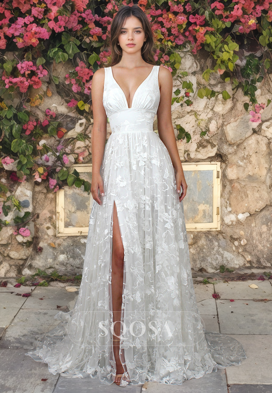 A-Line V-Neck Sleeveless Lace Beach Wedding Dress High Slit with Train Boho Wedding Dress