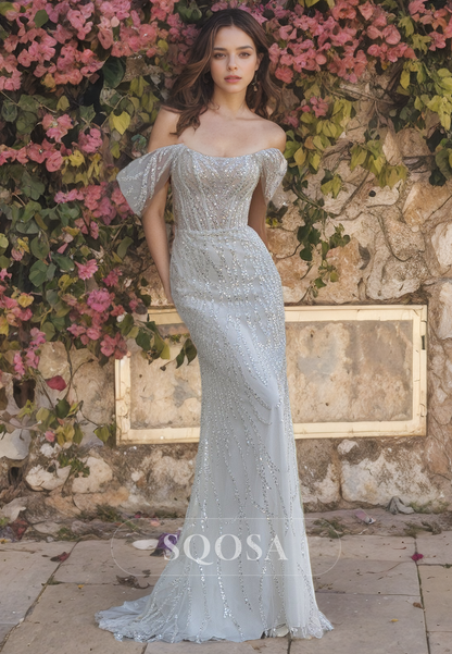 Scoop-Neck Sleeveless Mermaid Weddding Dress Glitter Applique Bridal Dress