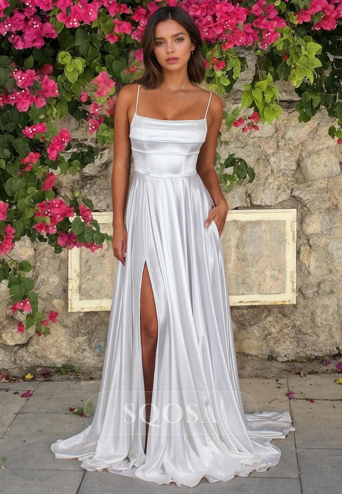 A-Line Square-Neck Bridal Dress with Pockets Spaghetti Straps Slit Wedding Dress