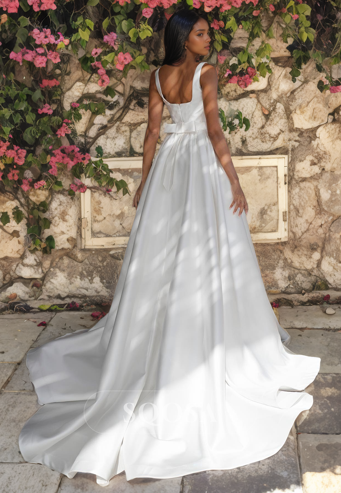 A-Line Squar-Neck Satin Wedding Dress with Train Simple Straps Bridal Gowns