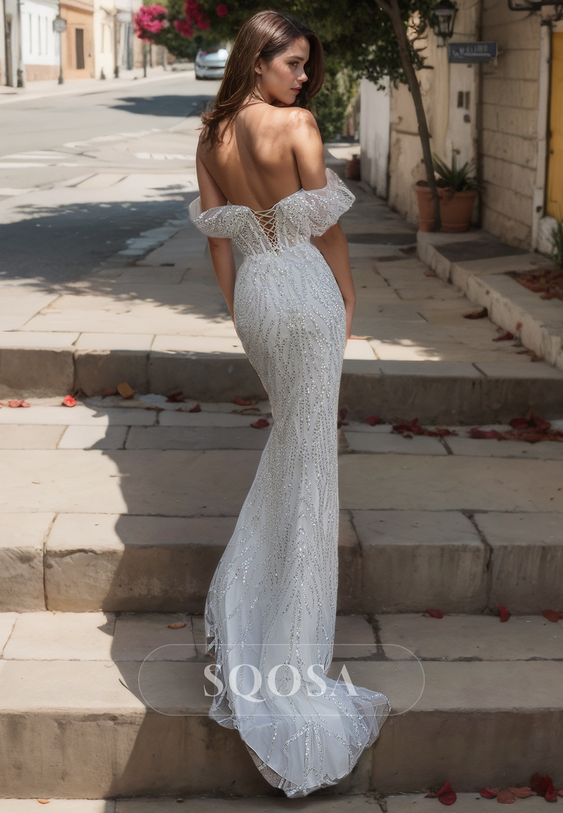 Scoop-Neck Sleeveless Mermaid Weddding Dress Glitter Applique Bridal Dress