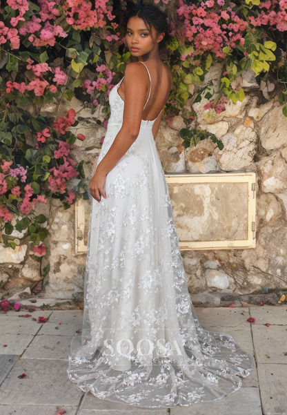 A-Line Allover Lace Beach Wedding Dress V-Neck Slit with Sweep Train Wedding Gowns