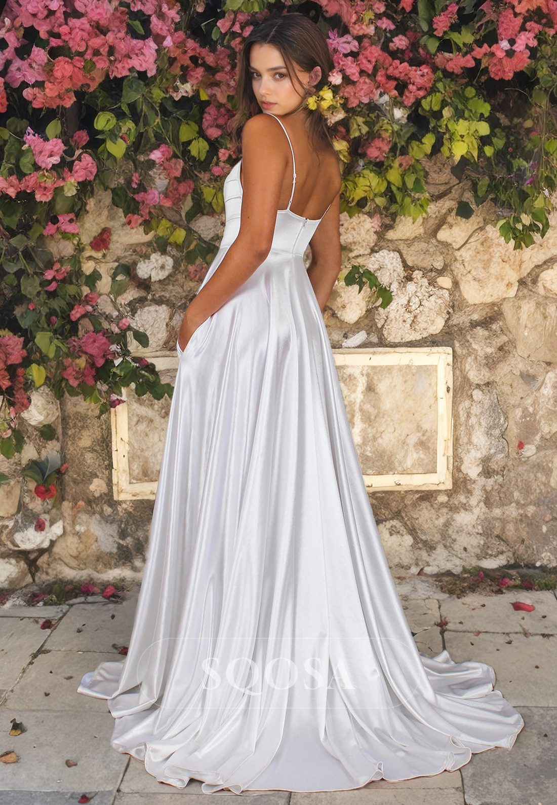 A-Line Square-Neck Bridal Dress with Pockets Spaghetti Straps Slit Wedding Dress