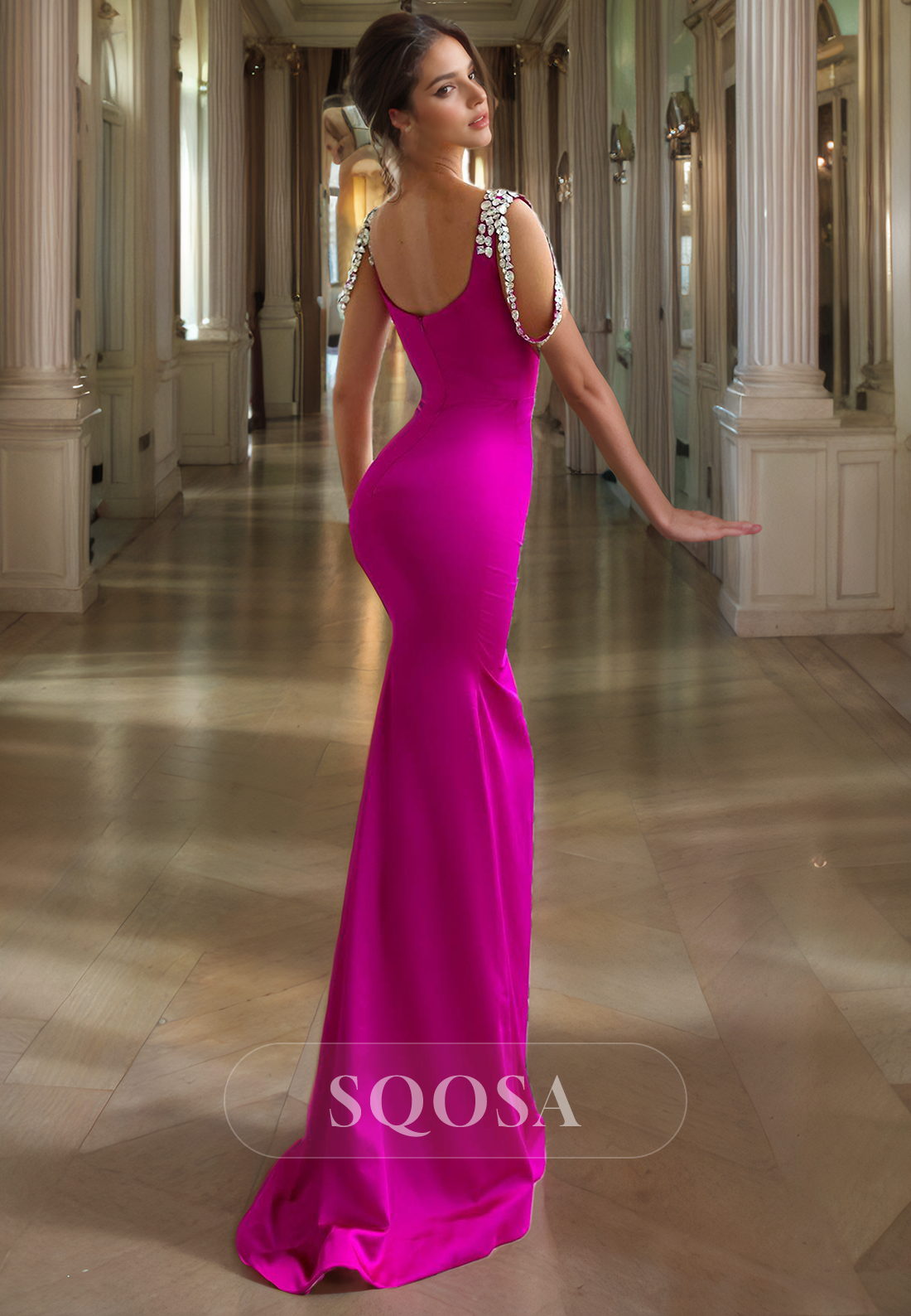 Unique Square Satin Beads Mermaid Prom Formal Dress