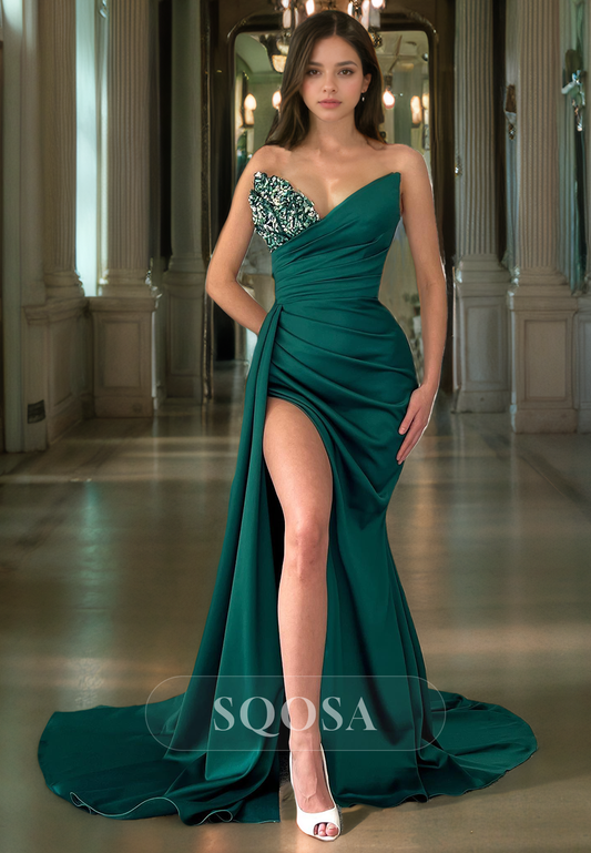 Sheath V neck Satin Pleats Long Prom Dress with Slit Formal Gown