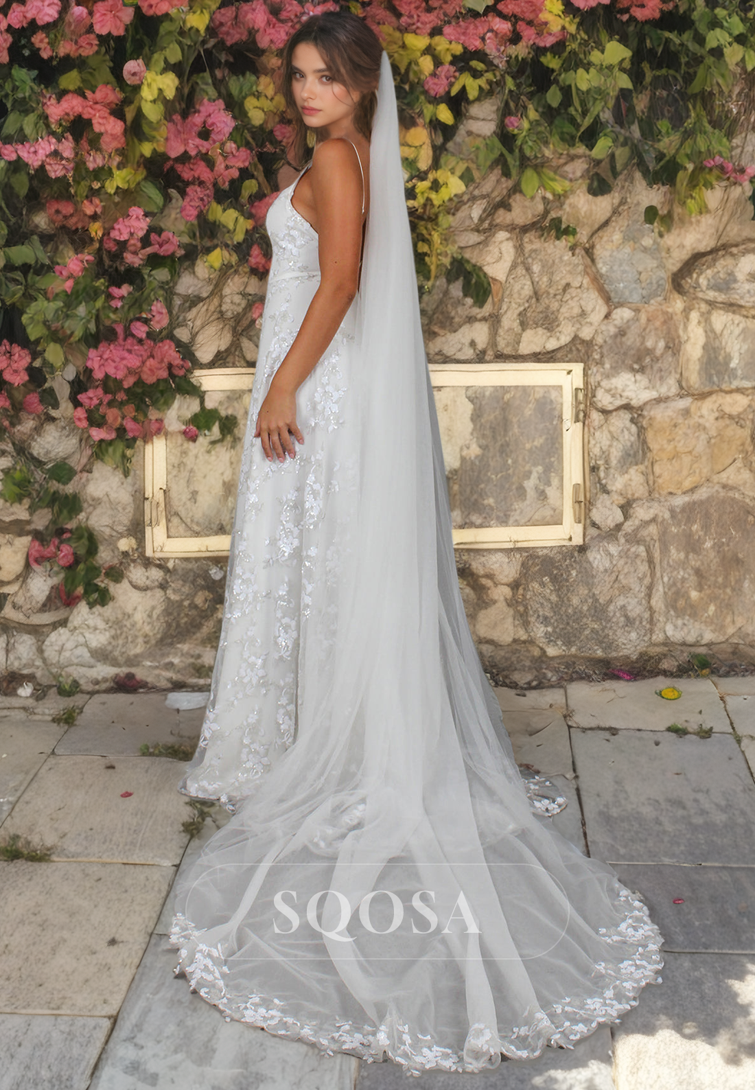 A-Line Allover Lace Beach Wedding Dress V-Neck Slit with Sweep Train Wedding Gowns